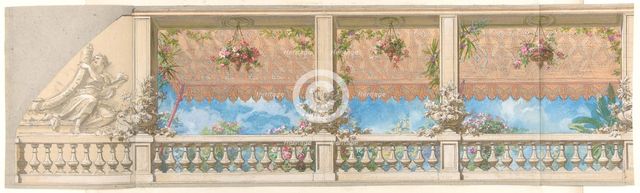 An Outdoor Balustrade Overhung with an Awning in Moorish Style, 1830-97. Creators: Jules-Edmond-Charles Lachaise, Eugène-Pierre Gourdet.