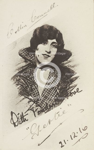 An man in drag as "Gertie" wearing a checked coat, 1916. Creator: Unknown.