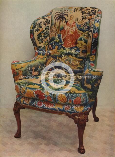 'An upholstered armchair with wings, carved walnut frame and original silk needlework covering', c17 Artist: Unknown.