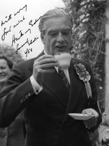 Anthony Eden, British Conservative politician, drinking a cup of tea, 1955