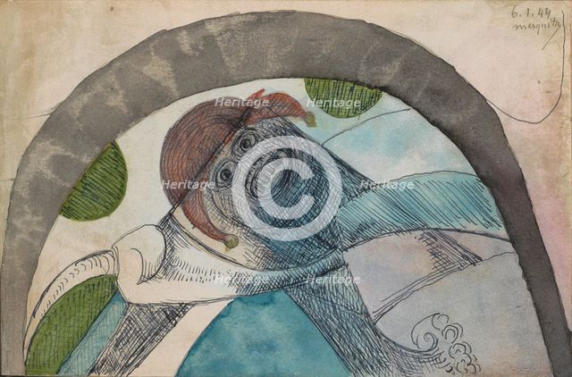 Anthropomorphic figure with a harlequin hat under an arc, 1944. Creator: Samuel Jessurun de Mesquita.