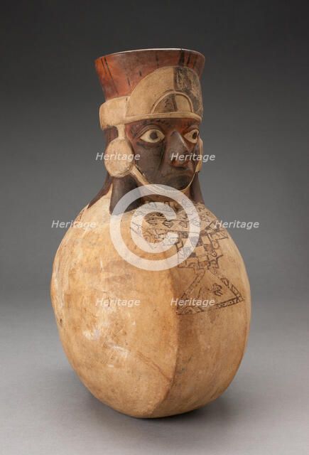 Anthropomorphic Flat-sided Flask with Molded Head and Painted Textile Tunic, 100 B.C./A.D. 500. Creator: Unknown.