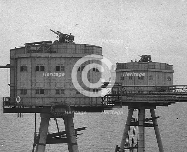 Anti-Aircraft Guns on a British Maunsell Army Fort Off the British Coast, 1940. Creator: British Pathe Ltd.