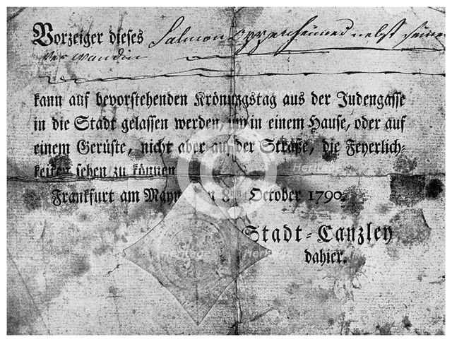 Anti-semitism: a pass issued to Jews at Frankfurt, 1790 (1956). Artist: Unknown