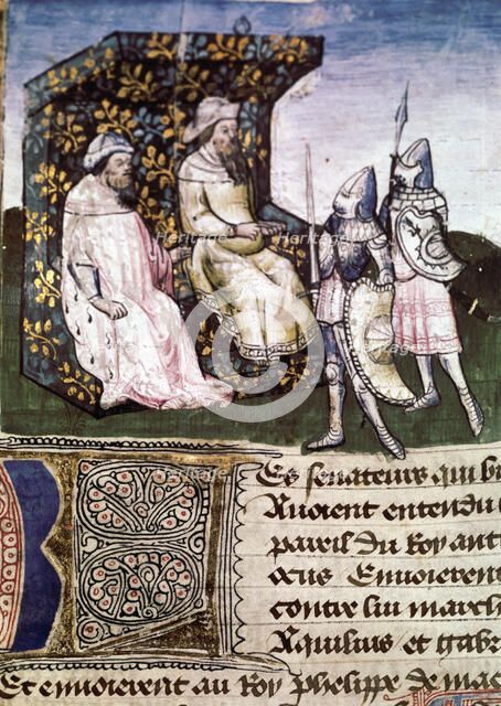 Antiochus IV 'Epiphanes' king. (175-164 BC), the king on his throne listening to the news on the …