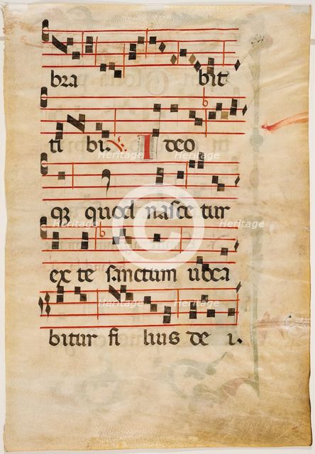 Antiphonary Leaf: Text with Musical Notation with Ornamental Letter, early 14th century. Creator: Unknown.
