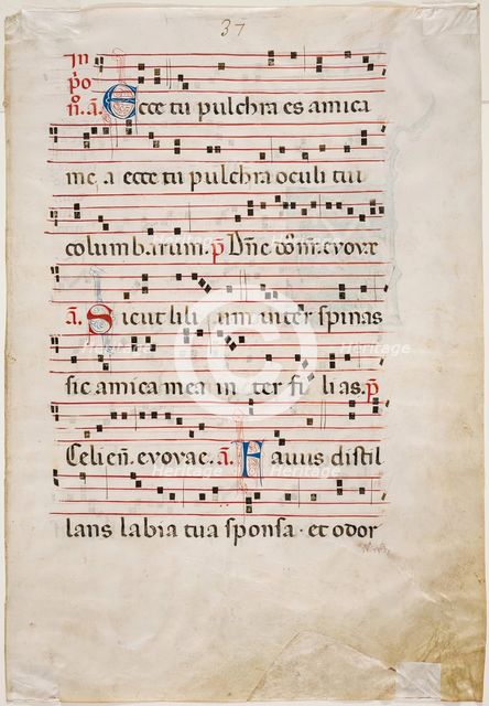 Antiphonary Leaf: Text with Musical Notation with Three Ornamental Letters, between 1270 and 1280. Creator: Master of Imola.