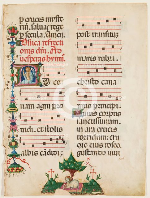 Antiphonary Leaf: Historiated "A" with Risen Christ and Agnus Dei in Bottom Margin, late 15th cent. Creator: Unknown.