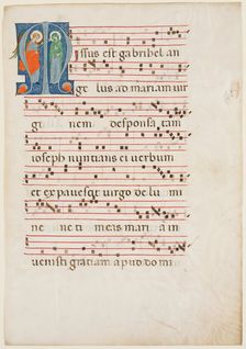 Antiphonary Leaf: Historiated "M" with Annunciation, about 1270-1280. Creator: Master of Imola