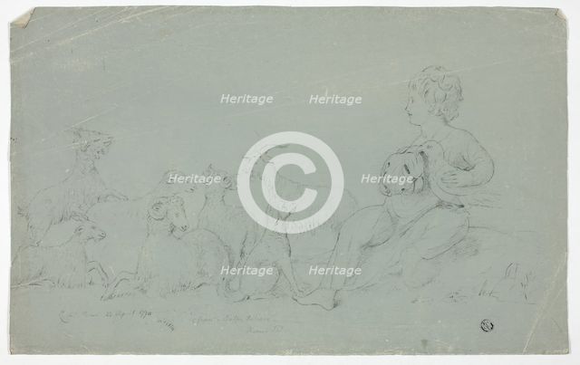 Antique Bas-Relief with Seated Boy Holding Falcon and Accompanied by Dog, Sheep, and Goats, 1774. Creator: John Downman.