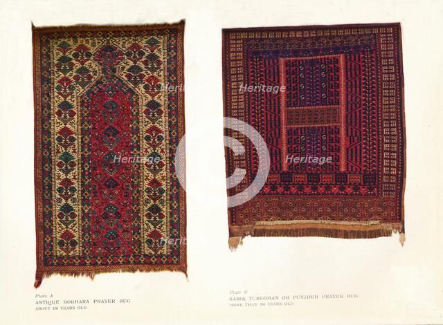 Antique Bokhara prayer rug and Sarik Turkoman or Punjdeh prayer rug, c1920. Artist: Unknown.
