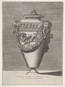 Antique Lidded Urn Decorated with a Motif of Diamond Rings and Lions, from Vases ..., 1543 or after. Creator: Enea Vico