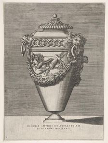 Antique Lidded Urn Decorated with a Motif of Diamond Rings and Lions, from Vases ..., 1543 or after. Creator: Enea Vico