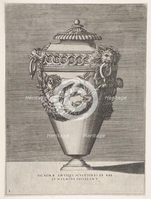 Antique Lidded Urn Decorated with a Motif of Diamond Rings and Lions, from Vases ..., 1543 or after. Creator: Enea Vico.