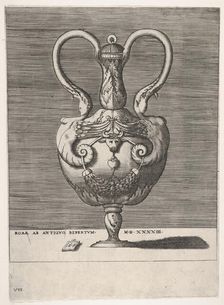 Antique Lidded Vase with Two Handles emerging from the Heads of Hybrid Female Sph..., 1543 or after. Creator: Enea Vico