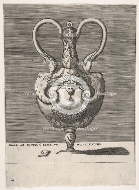 Antique Lidded Vase with Two Handles emerging from the Heads of Hybrid Female Sph..., 1543 or after. Creator: Enea Vico.