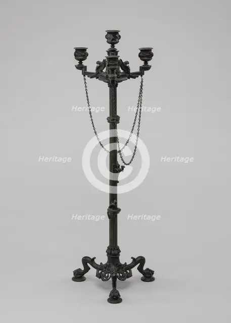 Antique Style Three Light Candelabra with Chains, model n.d., cast c. 1845/1874. Creator: Antoine-Louis Barye.