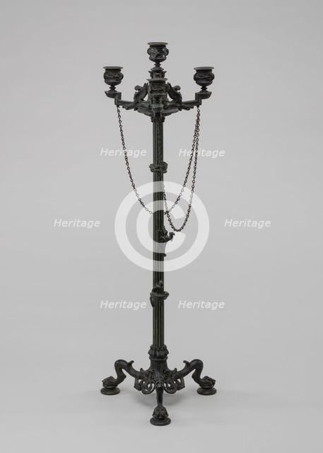 Antique Style Three Light Candelabra with Chains, model n.d., cast c. 1845/1874. Creator: Antoine-Louis Barye.