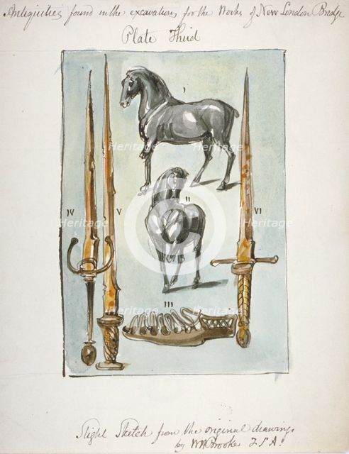 Antiquities found in the excavations for the works of the new London Bridge, 1825. Artist: Anon