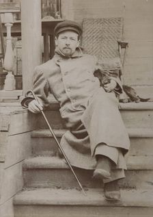 Anton Chekhov (1860-1904) with dog Hina. Melikhovo, 1897