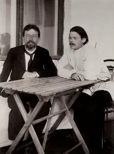Anton Chekhov and Maxim Gorky, Russian authors, 1900. Artist: Leonid Sredin