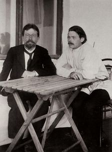 Anton Chekhov and Maxim Gorky, Russian authors, 1900. Artist: Leonid Sredin