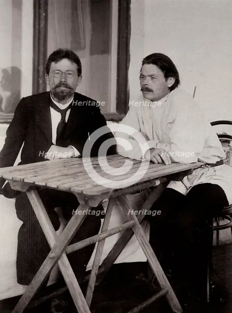 Anton Chekhov and Maxim Gorky, Russian authors, 1900.  Artist: Leonid Sredin