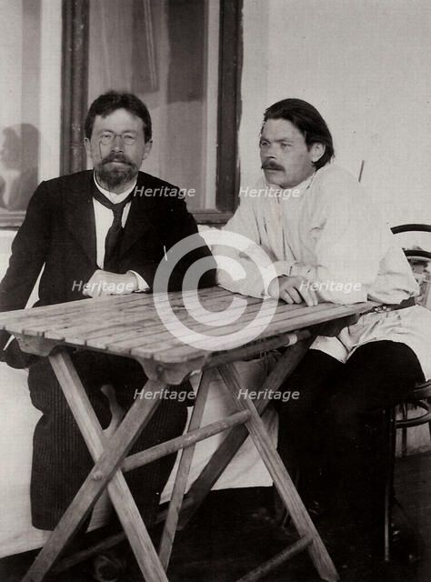 Anton Chekhov and Maxim Gorky, Russian authors, 1900.  Artist: Leonid Sredin