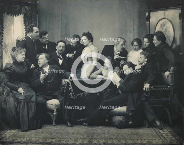 Anton Chekhov between actors of the play The Seagull, 1899. Artist: Pavlov, Pyotr Petrovich (1860-1925)