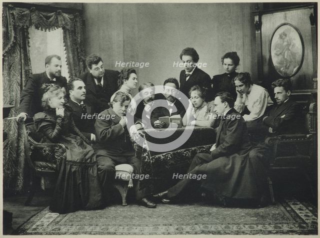Anton Chekhov reads The Seagull with the Moscow Art Theatre company, 1899. Artist: Pavlov, Pyotr Petrovich (1860-1925)