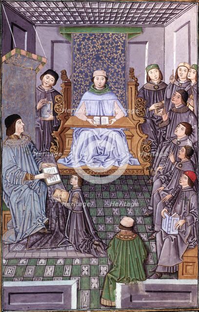 Antonio de Nebrija (1444-1522), Spanish humanist, with Don Juan de Zuniga, master of Alcantara wh…