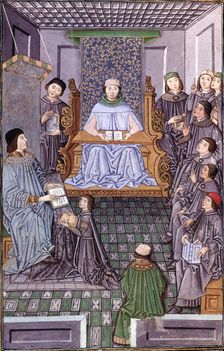 Antonio de Nebrija (1444-1522), Spanish humanist, with Don Juan de Zuniga, master of Alcantara wh…