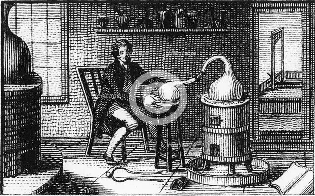 Antoine Laurent Lavoisier, 18th century French chemist, in his laboratory, 1814. Artist: Unknown