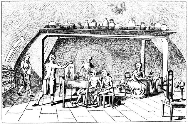 Antoine Laurent Lavoisier, 18th century French chemist, investigating respiration. Artist: Unknown