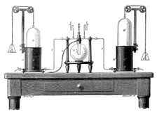 Antoine Lavoisier's apparatus for synthesizing water from hydrogen (left) and oxygen (right), 1881. Creator: Unknown