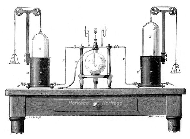 Antoine Lavoisier's apparatus for synthesizing water from hydrogen (left) and oxygen (right), 1881. Creator: Unknown.