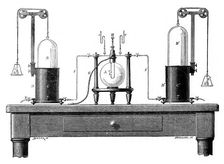 Antoine Lavoisier's apparatus for synthesizing water from hydrogen (left) and oxygen (right), 1881