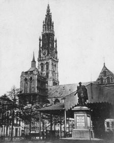 Antwerp Cathedral and statue of the artist Peter Paul Rubens, Belgium, 1867