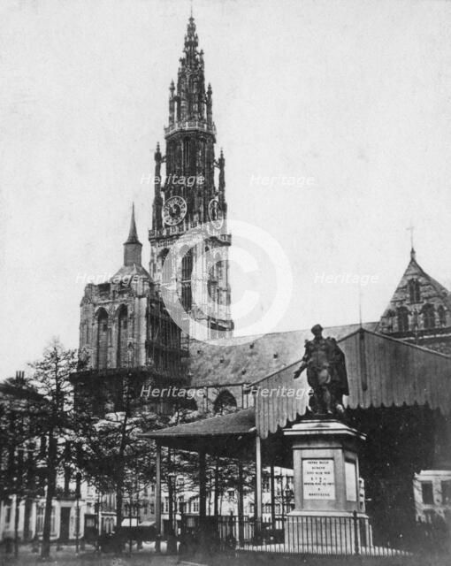 Antwerp Cathedral and statue of the artist Peter Paul Rubens, Belgium, 1867. Artist: Unknown
