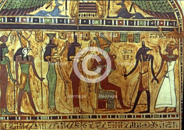 Anubis presents the deceased to Osiris, with Horus and other deities present, funerary stela from…