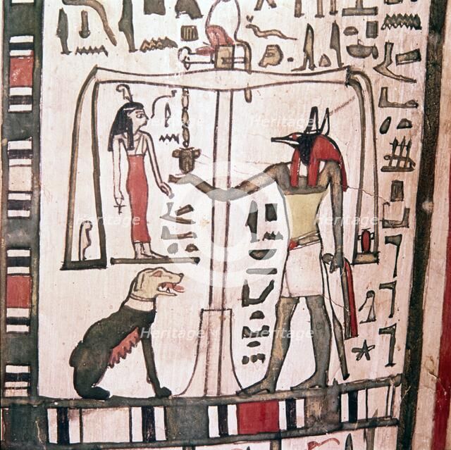 Anubis weighing the heart, detail from Sarcophagus of Pensenhor, c900 BC.   Artist: Unknown.