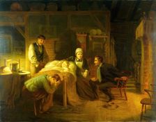 Anxious moments: a sick child, its grieving parents, a nursemaid and a medical practitioner, 1894. Creator: John Whitehead Walton