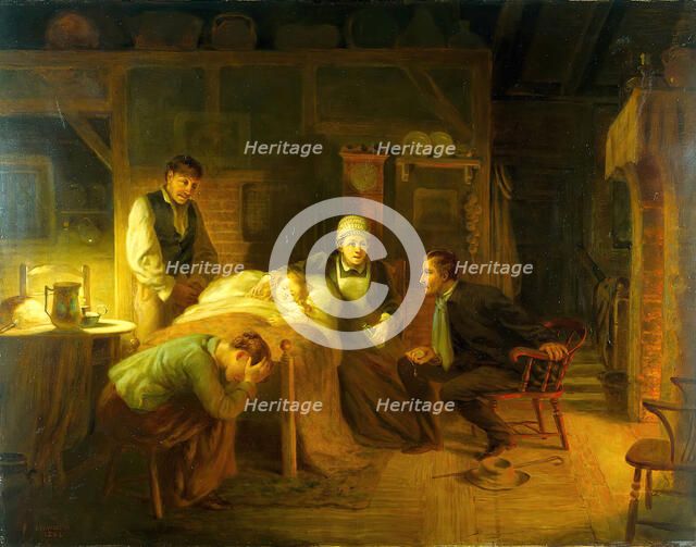 Anxious moments: a sick child, its grieving parents, a nursemaid and a medical practitioner, 1894. Creator: John Whitehead Walton.