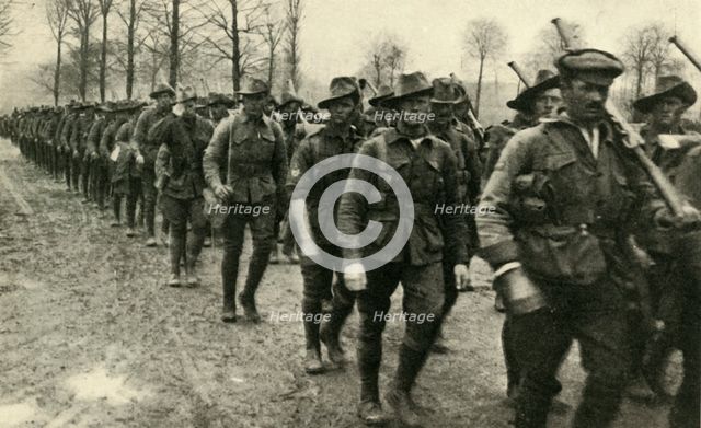ANZAC soldiers marching to the front, France, First World War, c1916, (c1920). Creator: Unknown.