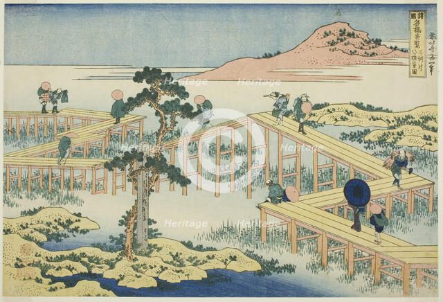Ancient View of the Eight-planked Bridge in Mikawa Province (Mikawa no Yatsuhashi..., c. 1833/34. Creator: Hokusai.