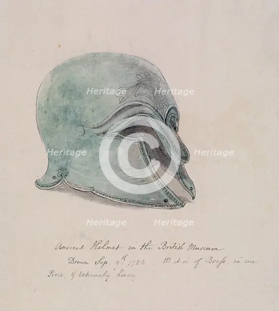 Ancient brass helmet from the British Museum, Holborn, London, 1784. Artist: William Angus