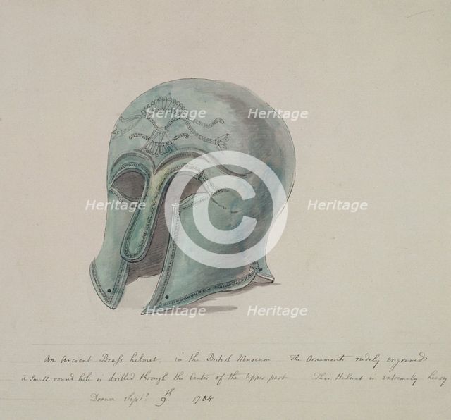 Ancient brass helmet from the British Museum, Holborn, London, 1784. Artist: William Angus