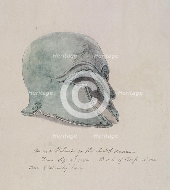 Ancient brass helmet from the British Museum, Holborn, London, 1784. Artist: William Angus