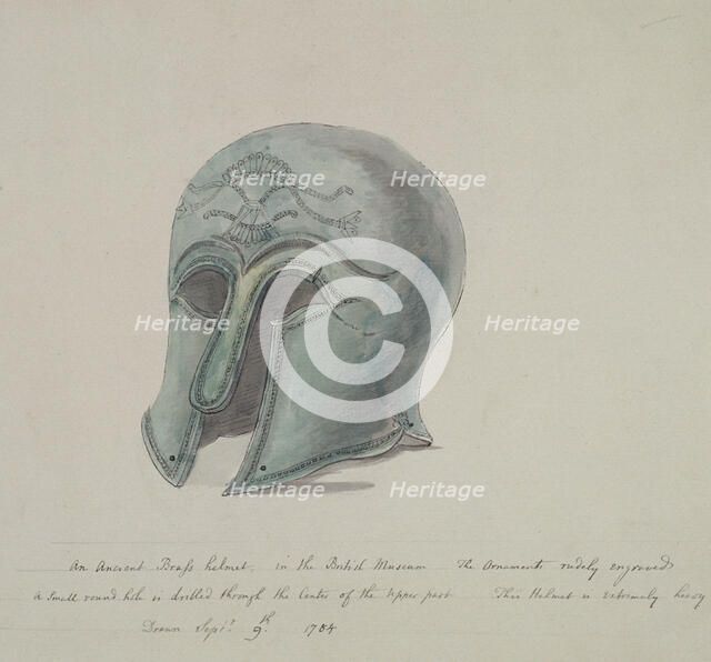 Ancient brass helmet from the British Museum, Holborn, London, 1784. Artist: William Angus