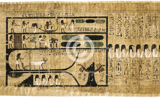 Ancient Egyptian Book of the Dead on papyrus showing written hieroglyphs. Artist: Unknown